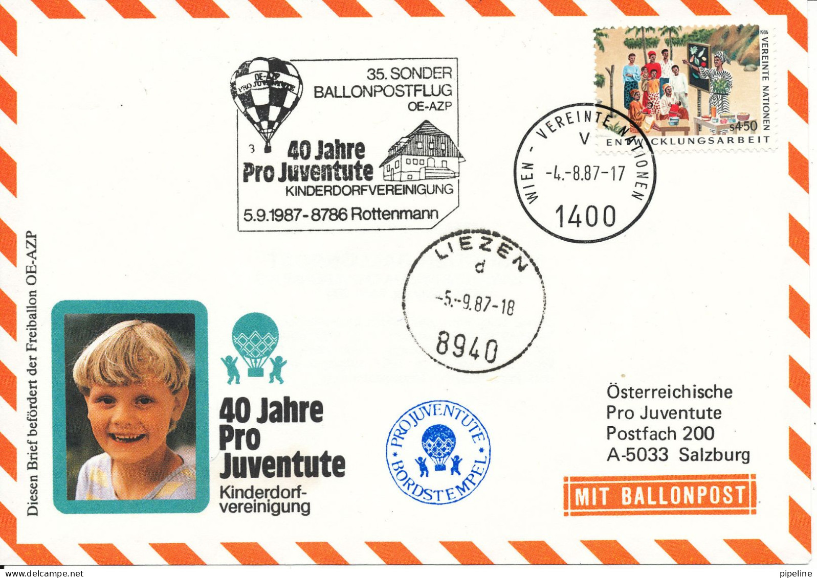 Austria UN Vienna Balloonflight Cover 40 Years Pro Juventute Rottenmann 5-9-1987 - Storia Postale