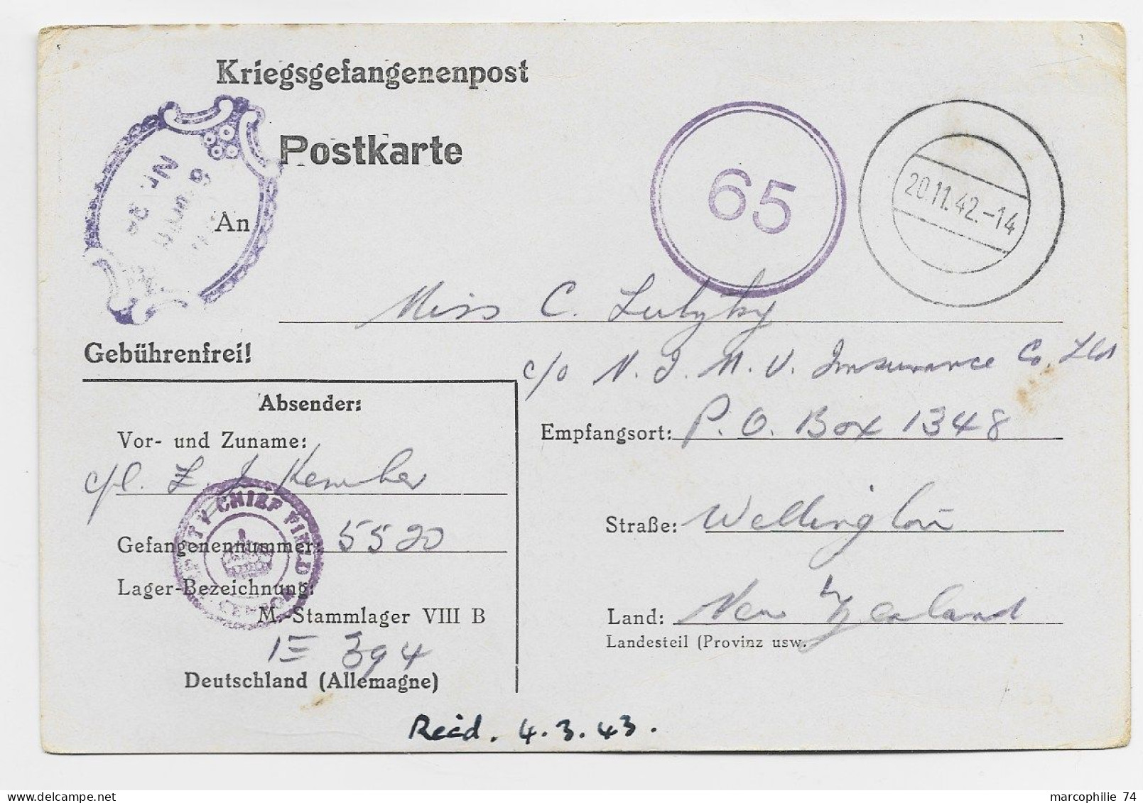 GERMANY POSTKARTE STALAG  TO WELLINGTON NEW ZEALAND 20.11.1942 + CENSOR - Storia Postale