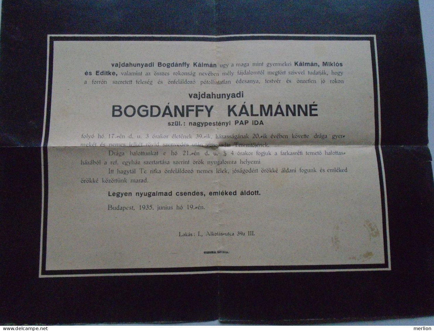 ZA486.5 Hungary 1935 Vajdahunyadi Bogdánffy K.- Obituary Sent By Post -sent To CRISENI - Hundedoara - Lettres & Documents