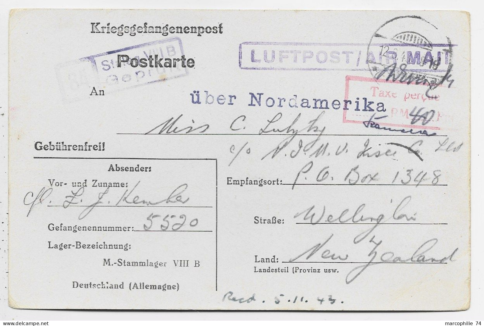 GERMANY POSTKARTE STALAG  TO WELLINGTON NEW ZEALAND  18.7.1943 LUFT POST AIR MAIL + TAXE PERCUE 40PM UBER NORDAMERIKA - Briefe U. Dokumente