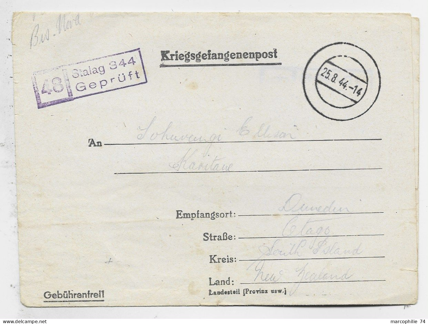 GERMANY FORMULE STALAG LETTRE COVER 25.8.1944 TO  OTAGO NEW ZEALAND - Covers & Documents