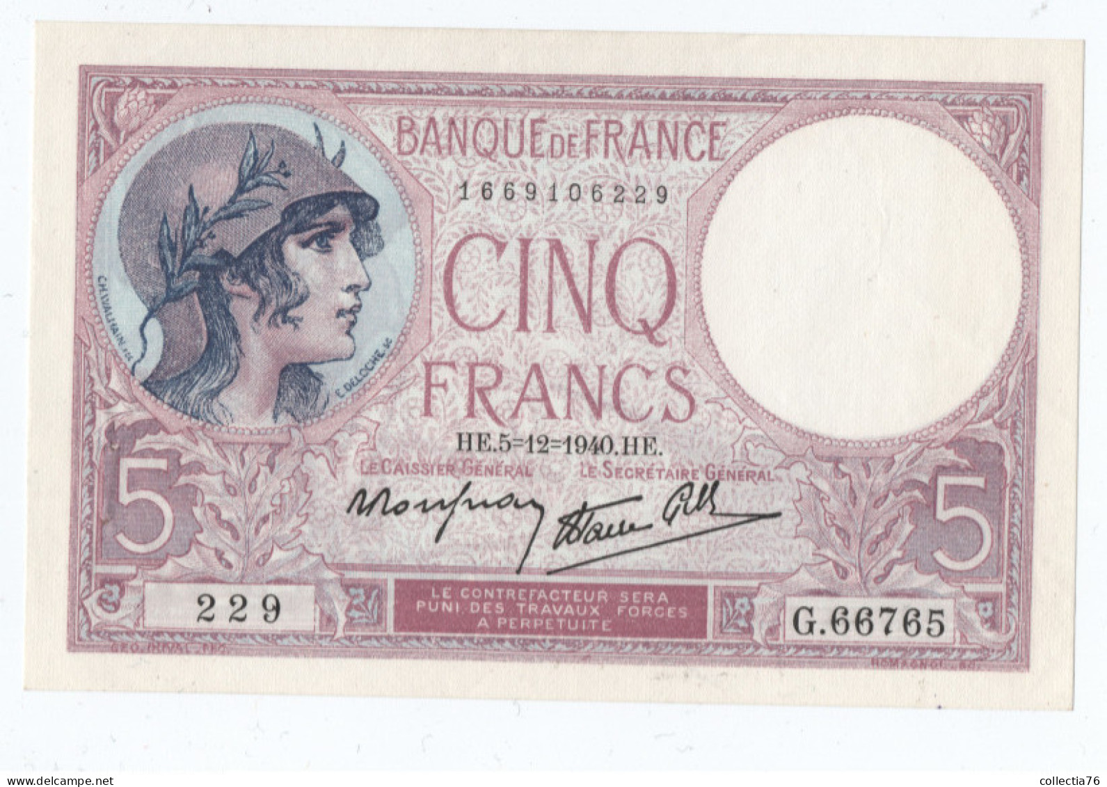 BILLETS FRANCE 5 FRANCS TYPE VIOLET MODIFIE HE 5 12 1940 229 G66765 SUPERBE F04/16 P#83a - 5 F 1917-1940 ''Violet''