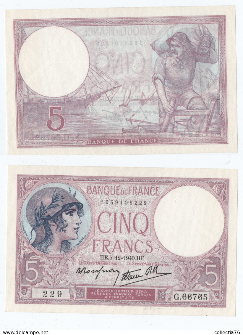 BILLETS FRANCE 5 FRANCS TYPE VIOLET MODIFIE HE 5 12 1940 229 G66765 SUPERBE F04/16 P#83a - 5 F 1917-1940 ''Violet''