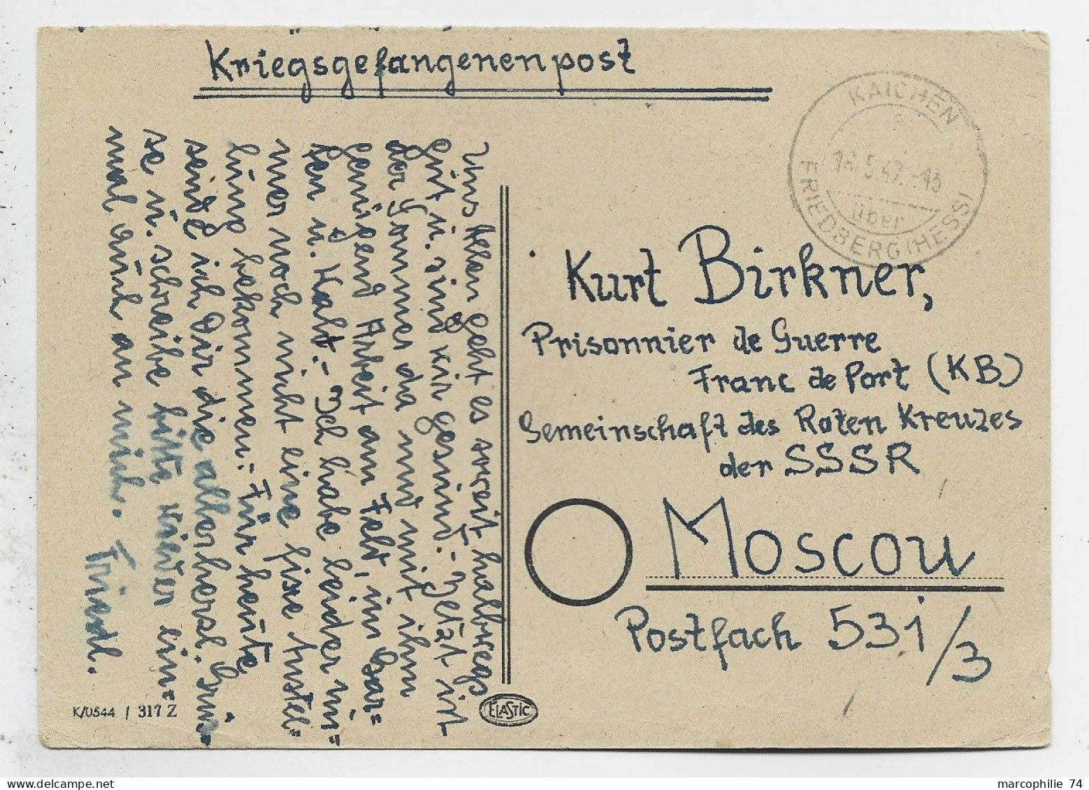 GERMANY POSTKARTE KAICHEN 14.5.1947 TO MOSCOU RUSSIE RUSSIA - Briefe U. Dokumente