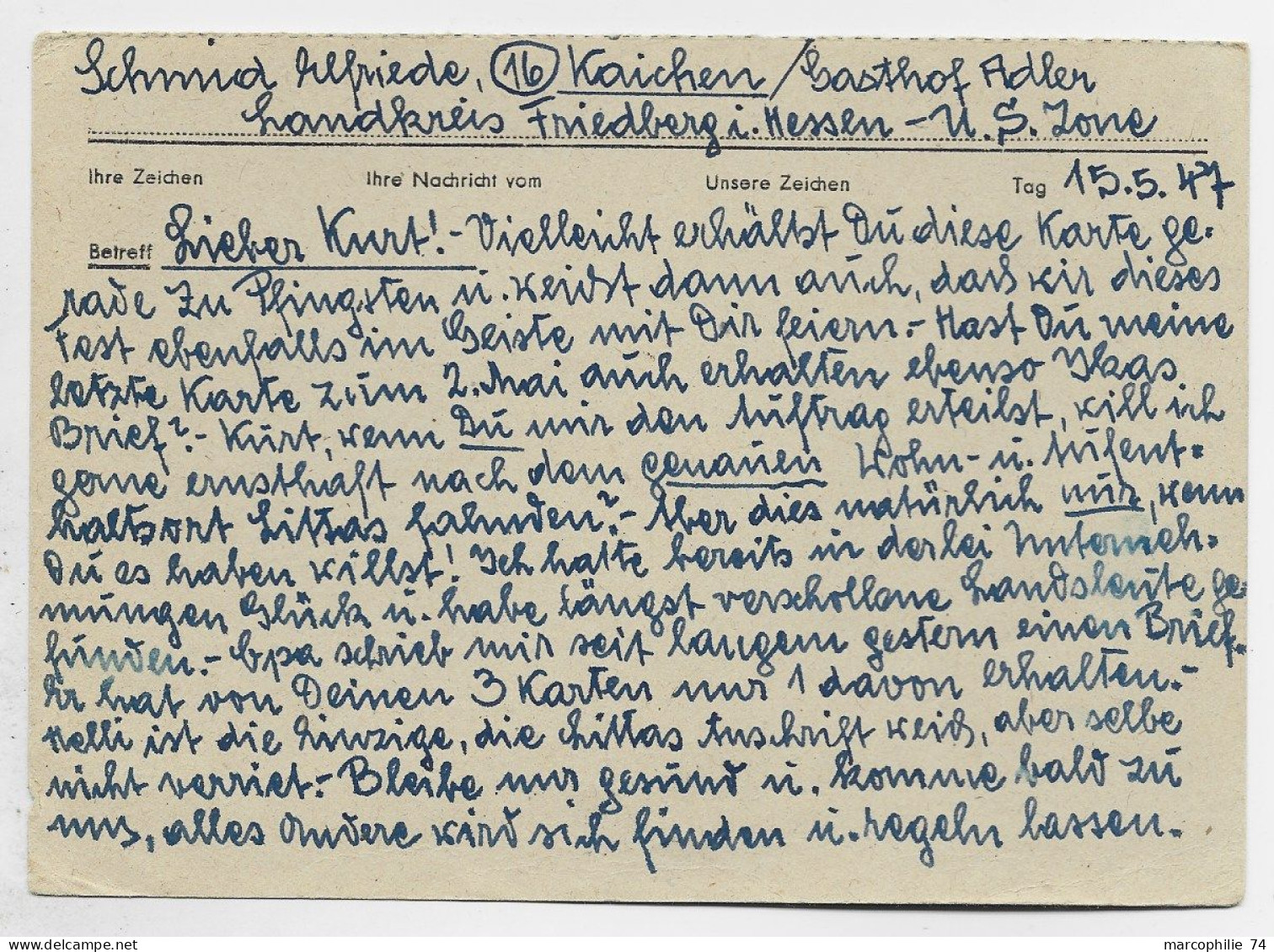 GERMANY POSTKARTE KAICHEN 14.5.1947 TO MOSCOU RUSSIE RUSSIA - Lettres & Documents