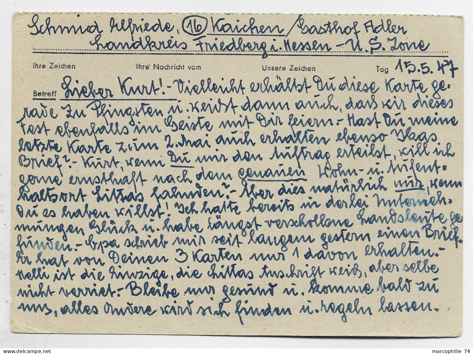 GERMANY POSTKARTE KAICHEN 14.5.1947 TO MOSCOU RUSSIE RUSSIA - Cartas & Documentos