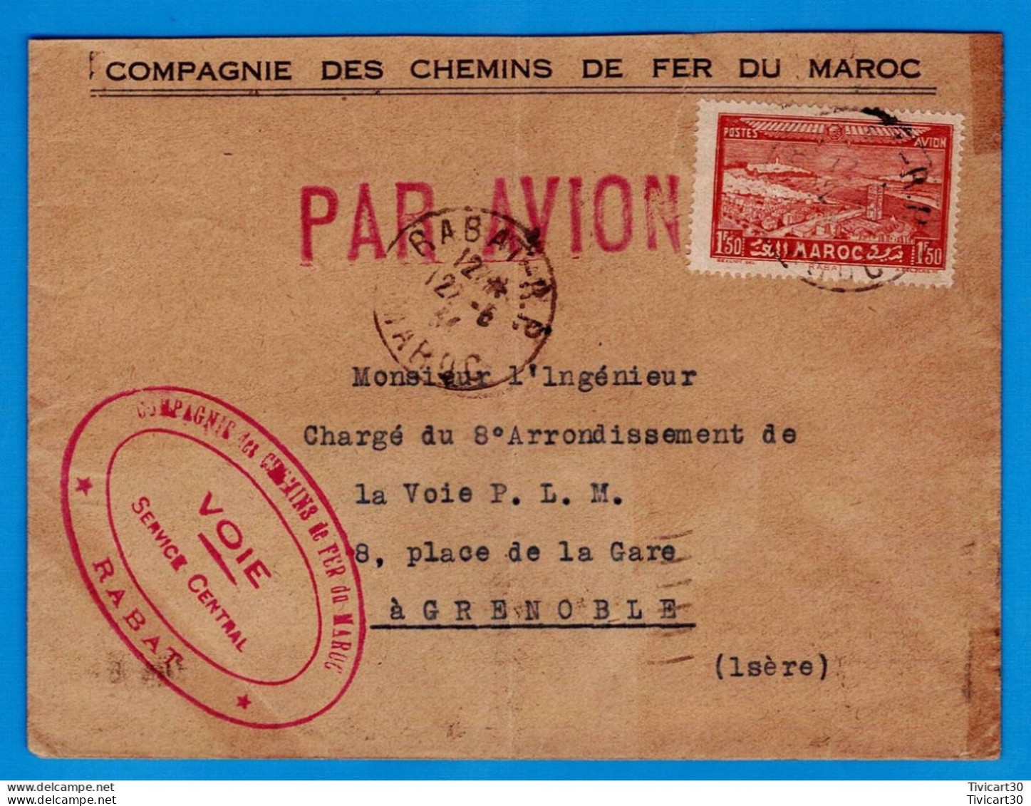 LETTRE PAR AVION DE 1934 - COMPAGNIE DES CHEMINS DE FER DU MAROC, RABAT POUR INGENIEUR VOIE P.L.M. GRENOBLE - Airmail
