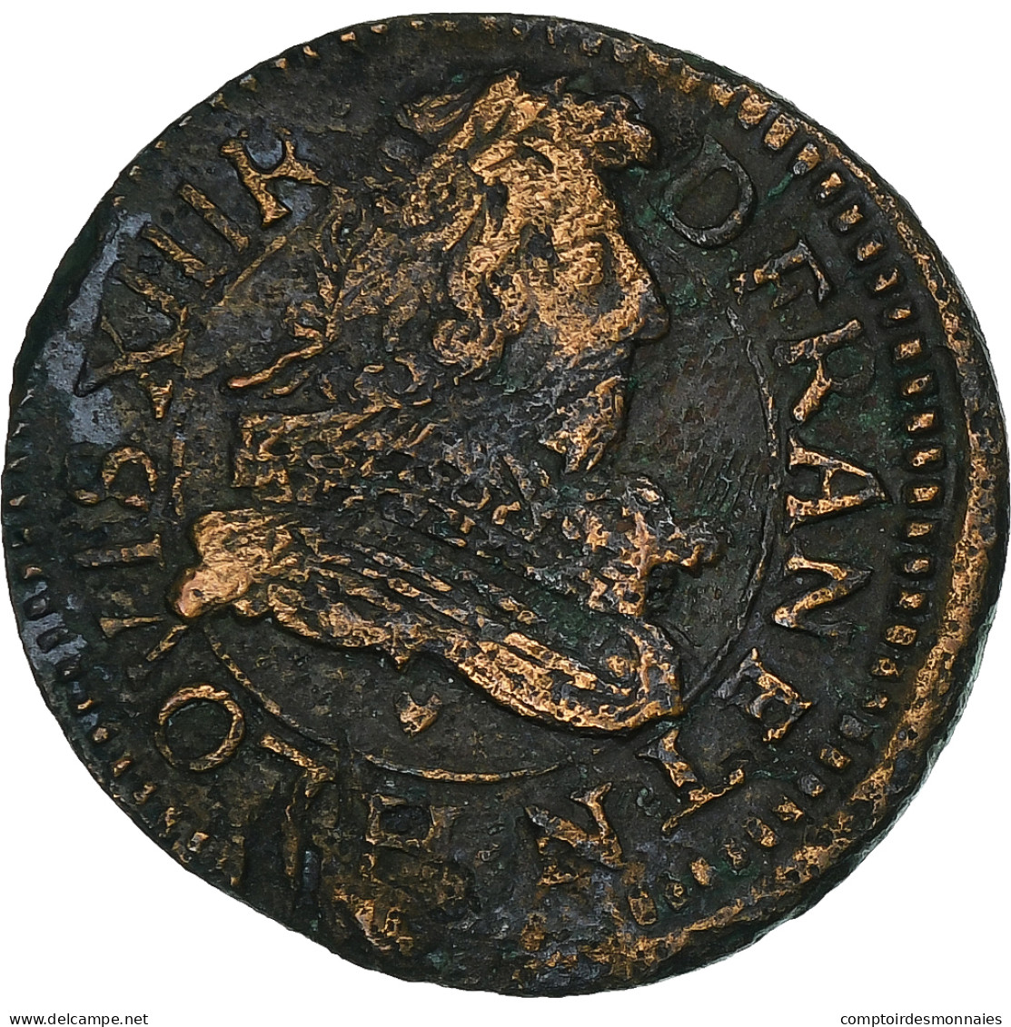 France, Louis XIII, Double Tournois, 1632, La Rochelle, Cuivre, TTB, CGKL:304 - 1610-1643 Luis XIII El Justo