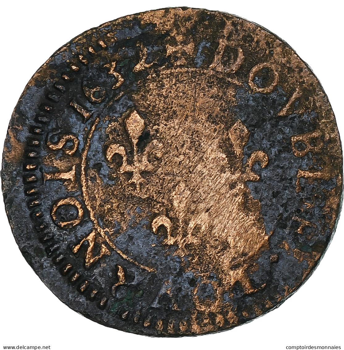 France, Louis XIII, Double Tournois, 1632, La Rochelle, Cuivre, TTB, CGKL:304 - 1610-1643 Louis XIII The Just