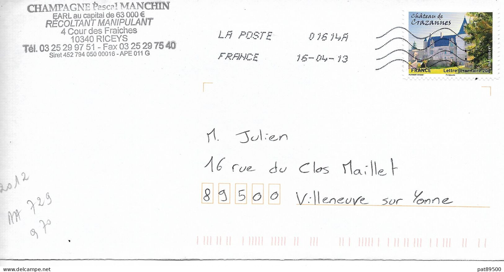 France 2012 - AA 729 - OBLITERE S/ Enveloppe 2013 : Chateau De Crazannes - Lettres & Documents