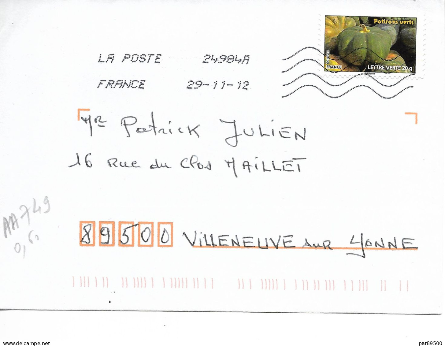 France 2012 - AA 749 - OBLITERE S/ Enveloppe 2013 : LEGUMES = POTIRONS VERTS - Storia Postale