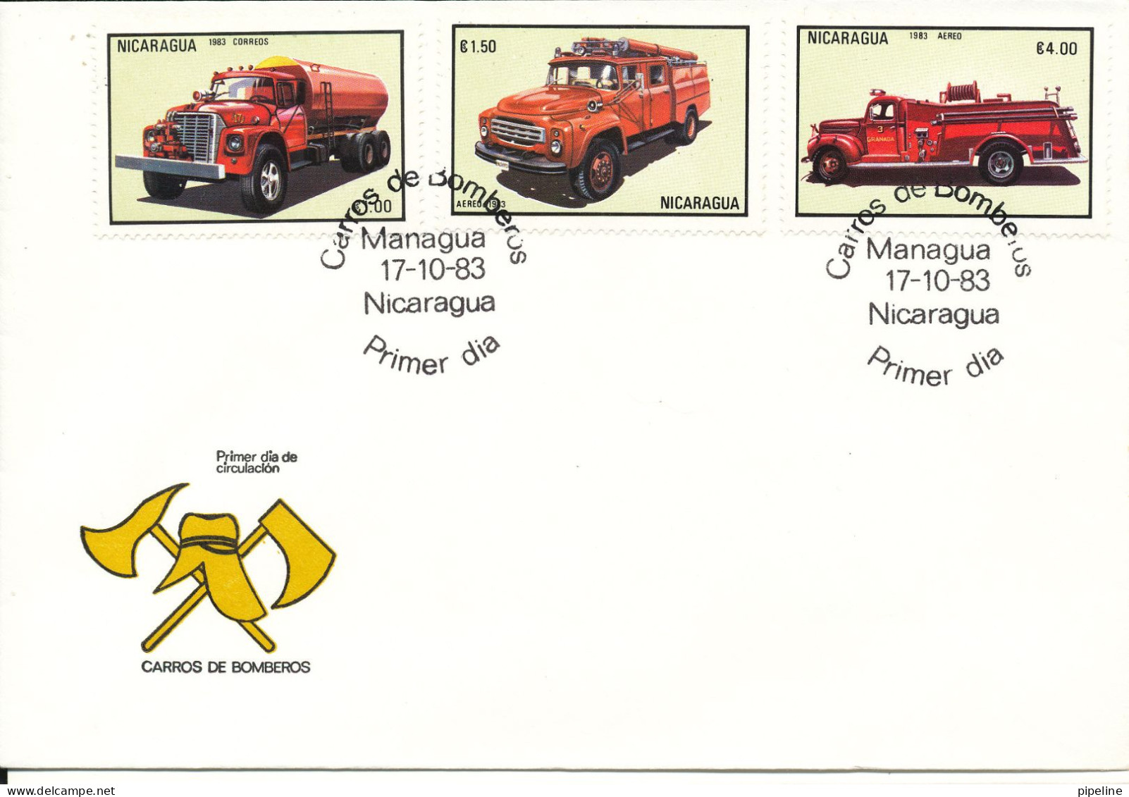 Nicaragua FDC 17-10-1983 Fire Trucks With Cachet - Nicaragua