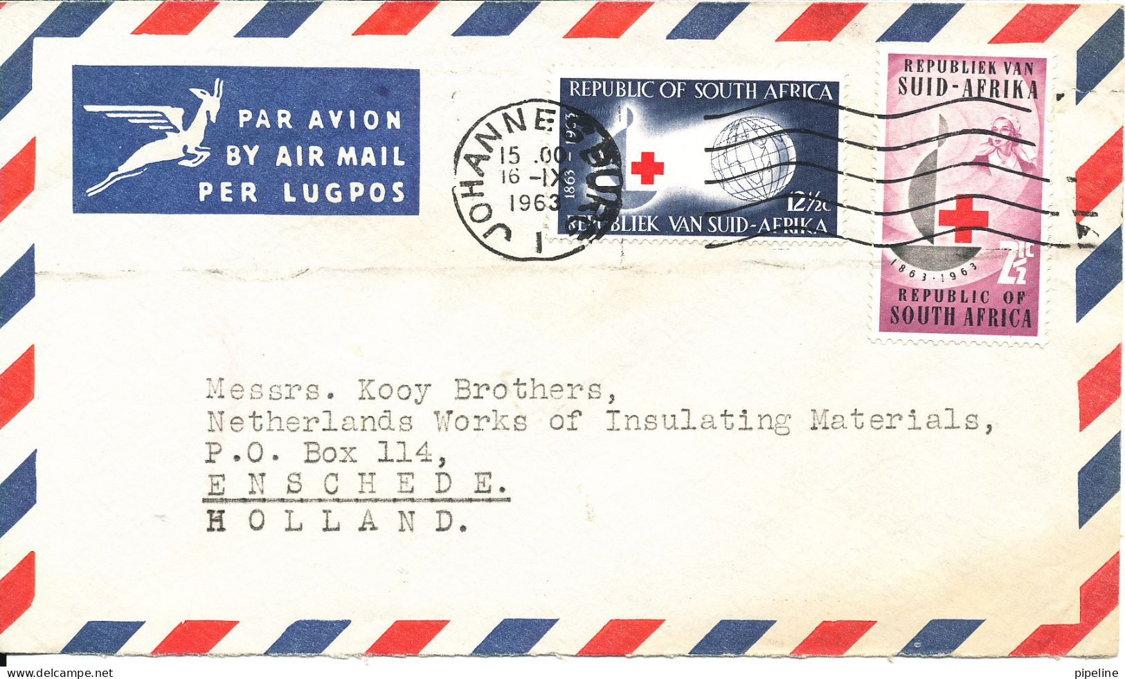 South Africa Air Mail Cover Sent To Holland Johannesburg 16-9-1963 With Complete Set RED CROSS - Luchtpost