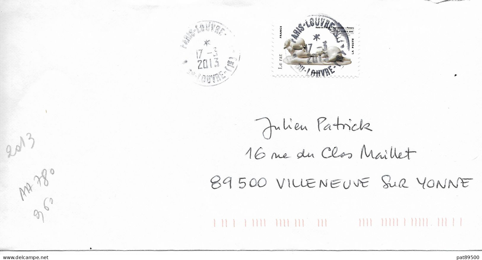 France 2013 - AA 780 - OBLITERE S/ Enveloppe 2013 : Les Animaux Dans L'art = Les Rats Et L'oeuf Par Peters / Obl. Ronde - Storia Postale