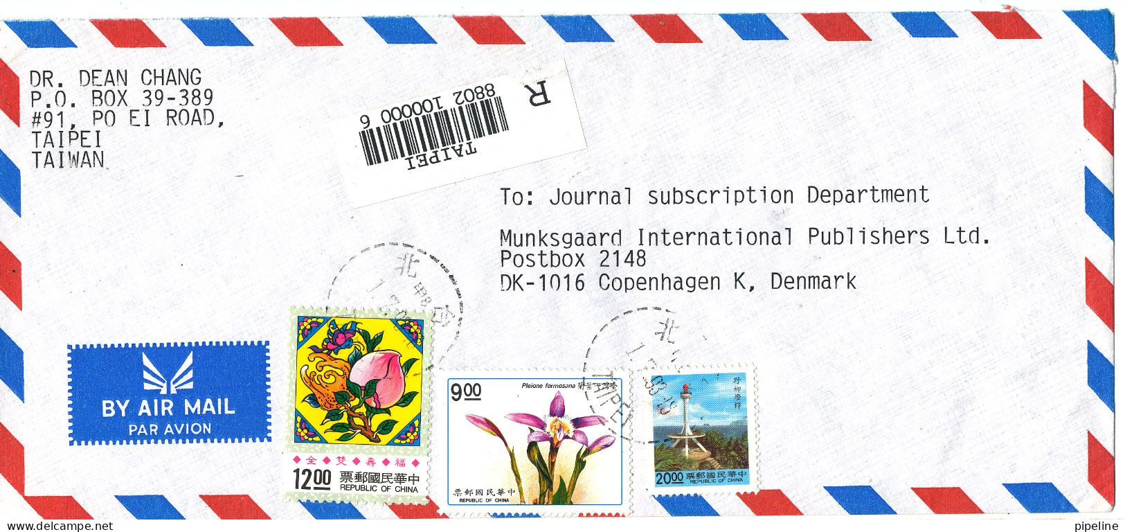 Taiwan Registered Air Mail Cover Sent To Denmark 1-7-1993 Topic Stamps - Poste Aérienne