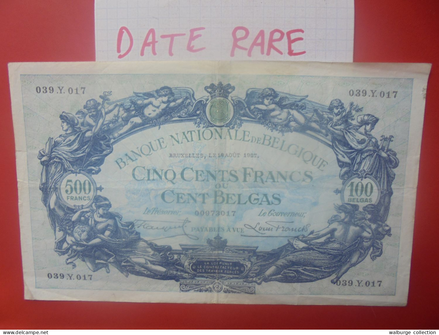 BELGIQUE 500 FRANCS 1927 DATE+RARE ! Circuler (B.18) - 500 Francs-100 Belgas