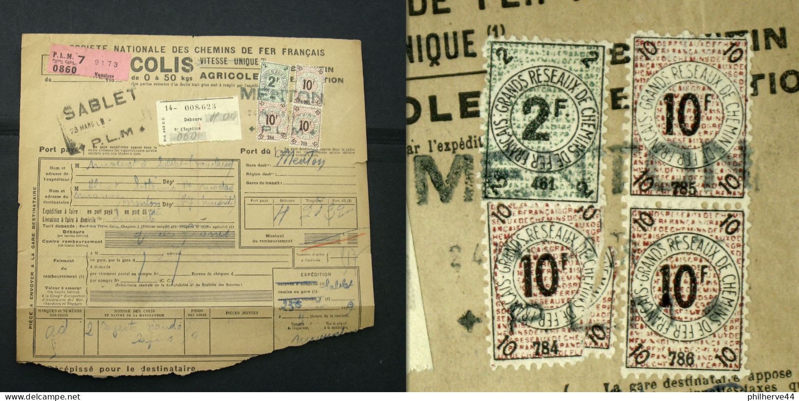 COLIS POSTAUX SNCF PLM Grands Réseaux Avec 2F Et 10F Cote 165€ - Lettres & Documents