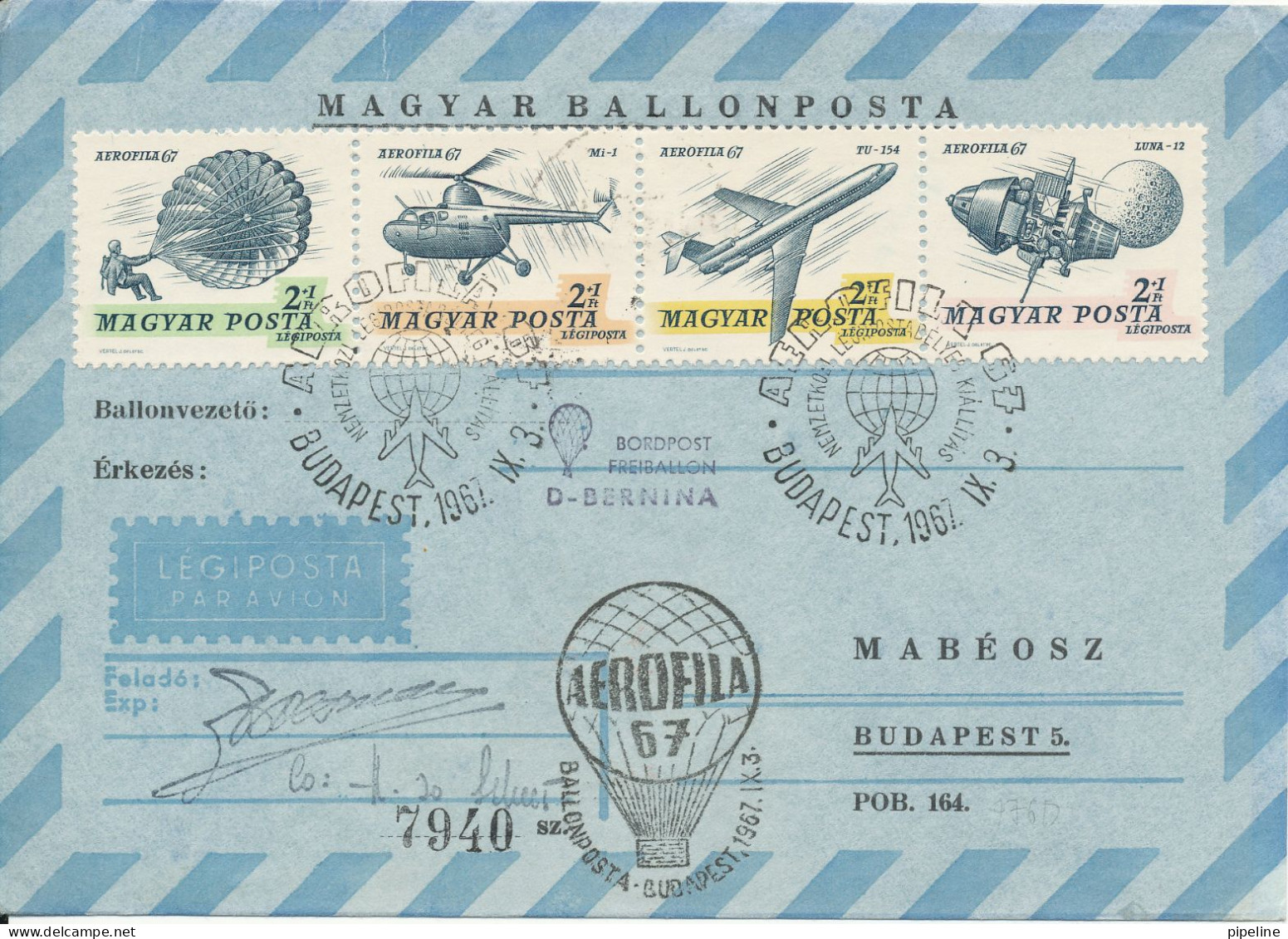 Hungary Ballonpost Air Mail Cover Budapest 3-9-1967 Aerofila 1967 Complete Set Of 4 Very Nice Cover - Briefe U. Dokumente