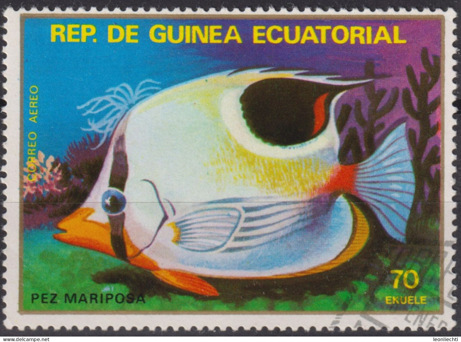 1979 Äquatorial-Guinea AEREO ° Mi:GQ 1475, Yt:GQ PA118-B, Saddle Butterflyfish (Chaetodon Ephippium), Fische - Äquatorial-Guinea