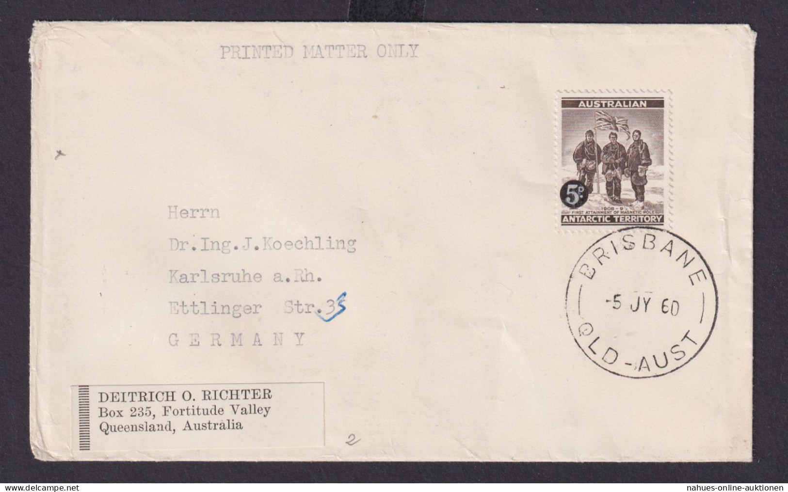 Atarktis Australien Brief EF 5 P Forschung Brisbame Queensland Nach Karlsruhe - Collections