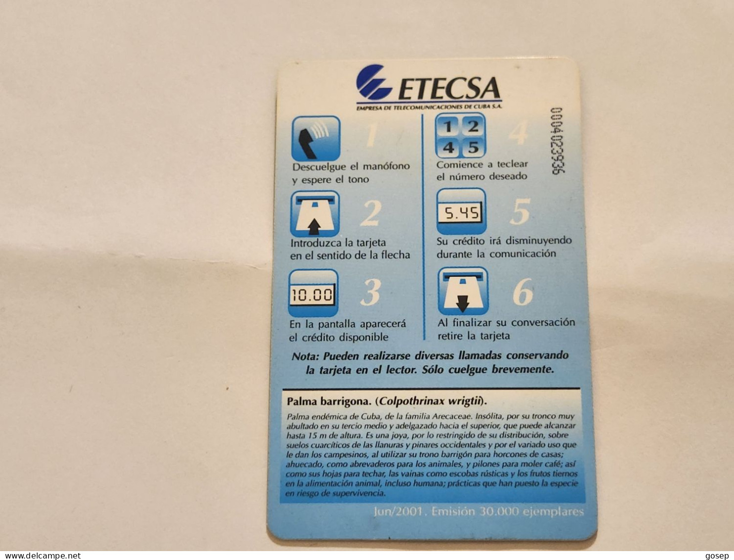 CUBA-(CU-ETE-0110)-Palma Barrigona-(23)-($10)-(0004023936)-used Card+1card Prepiad Free - Cuba