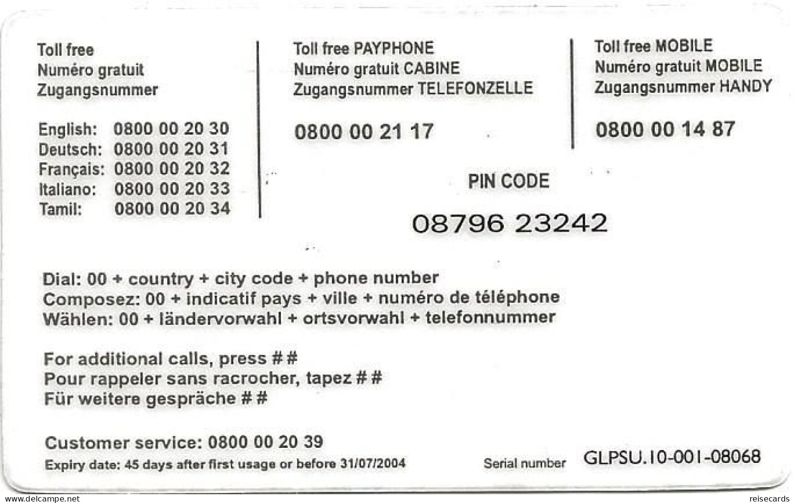 Switzerland: Prepaid Excell Globe - Toll Free Mobile 0800 00 14 87 - Schweiz