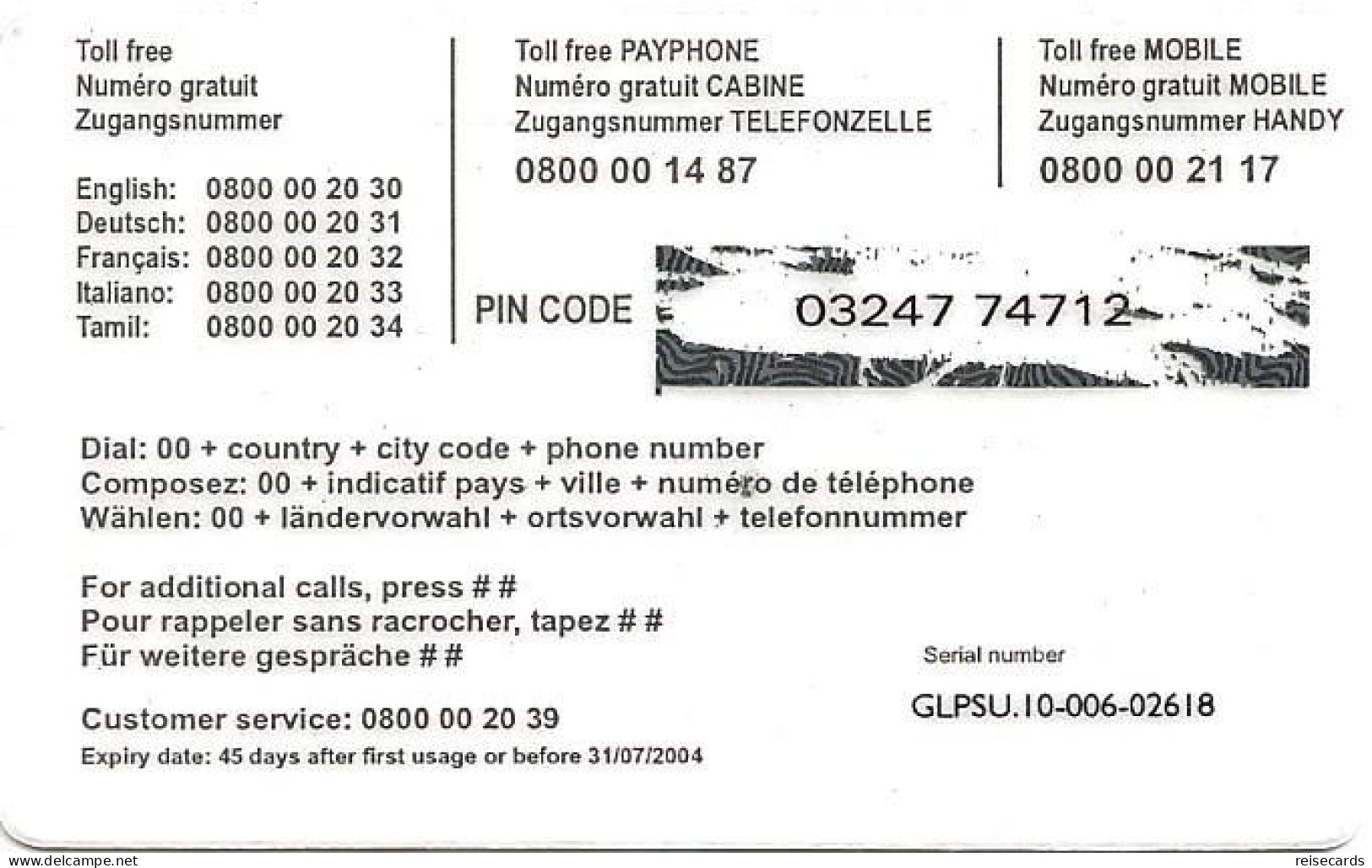 Switzerland: Prepaid Excell Globe - Toll Free Mobile 0800 00 21 17 - Svizzera