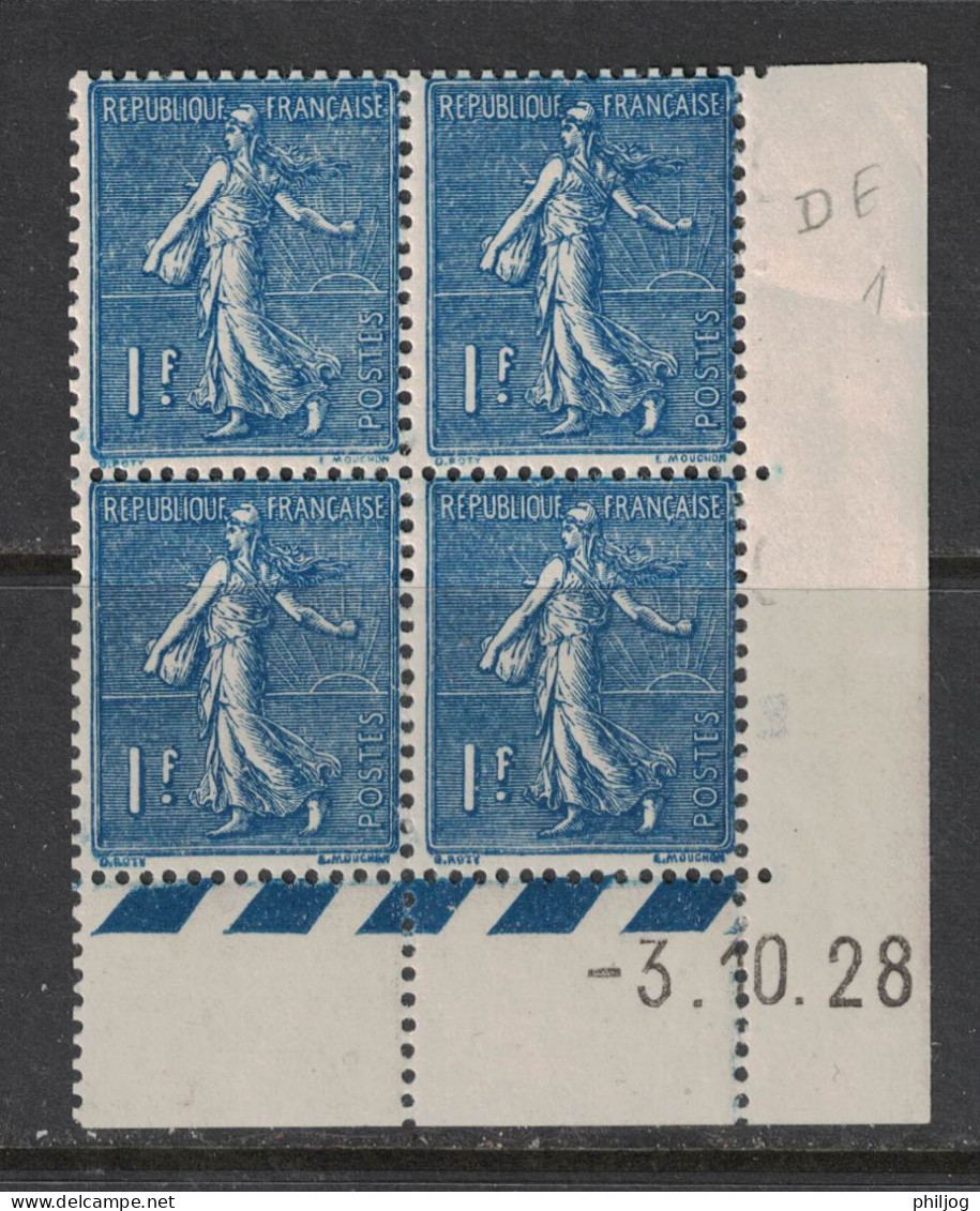 France 1924 - Yvert 205 - Coin Daté Du 3-10-28 - Neuf SANS Charnière (charnière En Marge) - Semeuse Lignée 1f Bleu - ....-1929