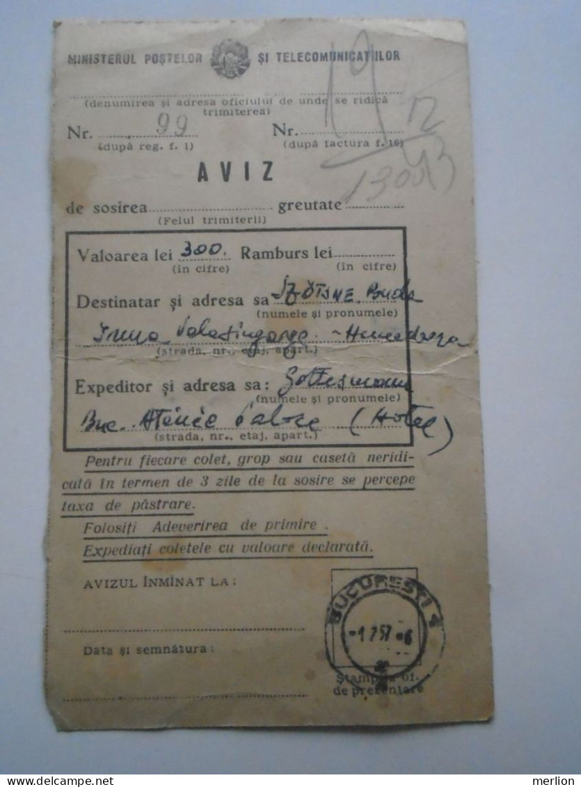 D200950   Romania   Aviz  300 Lei  Buda Irma -Valeasingeorgie Hunedoara -Calan -   1957 - Lettres & Documents