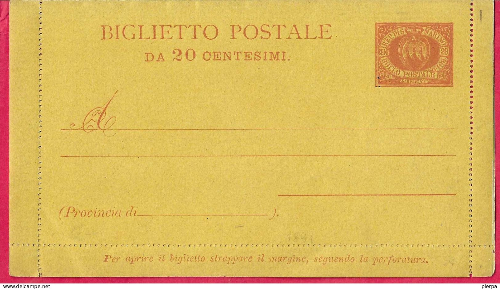 SAN MARINO - INTERO BIGLIETTO POSTALE STEMMA C. 20 (CAT. INT. 1A - PERF. 13,25 - NUOVO - Postwaardestukken