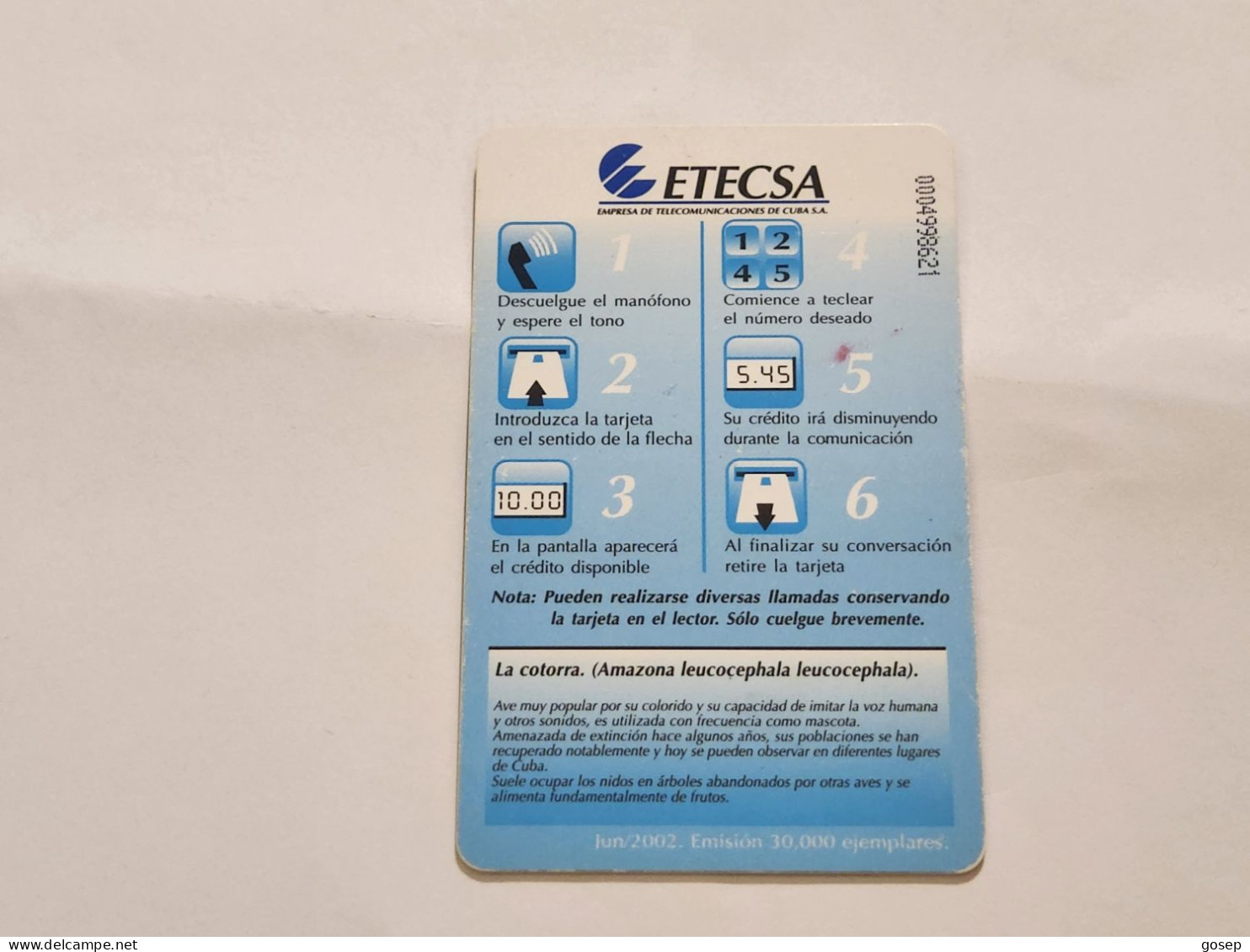 CUBA-(CU-ETE-0139)-La Cotorra-(28)-($20)-(0004998621)-used Card+1card Prepiad Free - Kuba