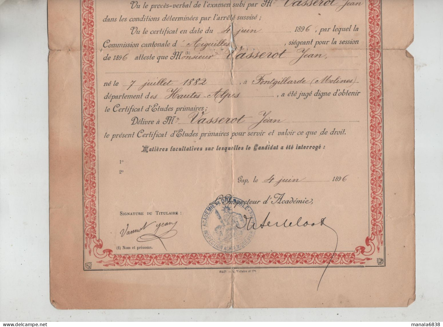 Certificat D'Etudes Primaires Vasserot 1896 Fontgillarde Molines Gap - Diplome Und Schulzeugnisse