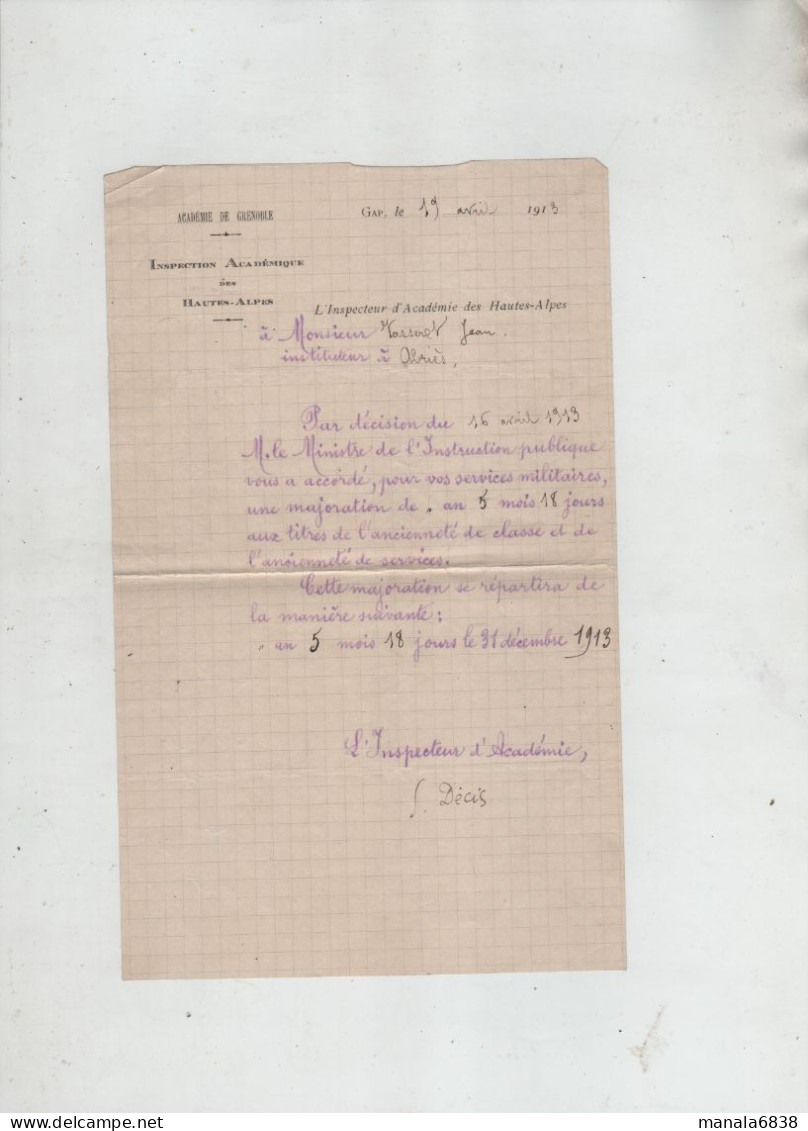 Inspection Académique Hautes Alpes Vasserrot Instituteur Abriès 1913 Inspecteur Décis - Diploma & School Reports