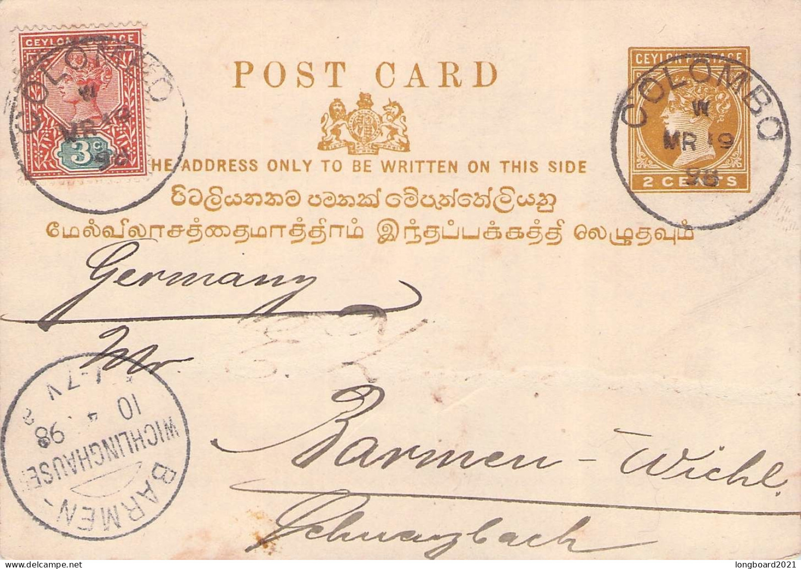 CEYLON - Uprated POSTCARD 2 C. 1898 COLOMBO - BARMEN/DE / 5254 - Ceylon (...-1947)