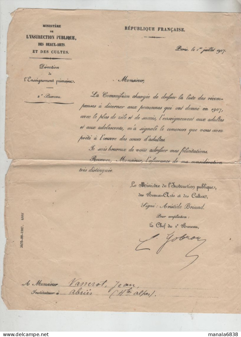 Paris 1907 Vasserot Instituteur Abriès Enseignement Aux Adultes Félicitations - Diplome Und Schulzeugnisse