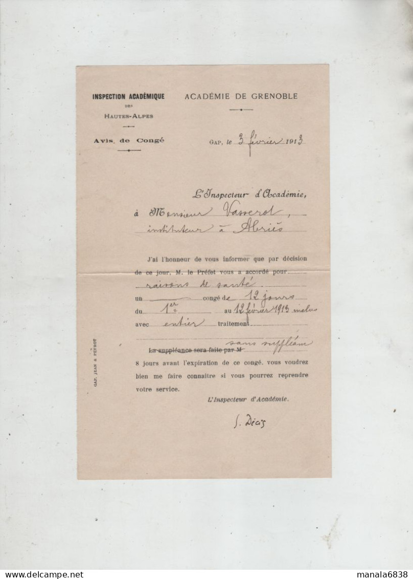 Académie Grenoble 1913 Vasserot Instituteur Abriès Remplacement - Diplômes & Bulletins Scolaires