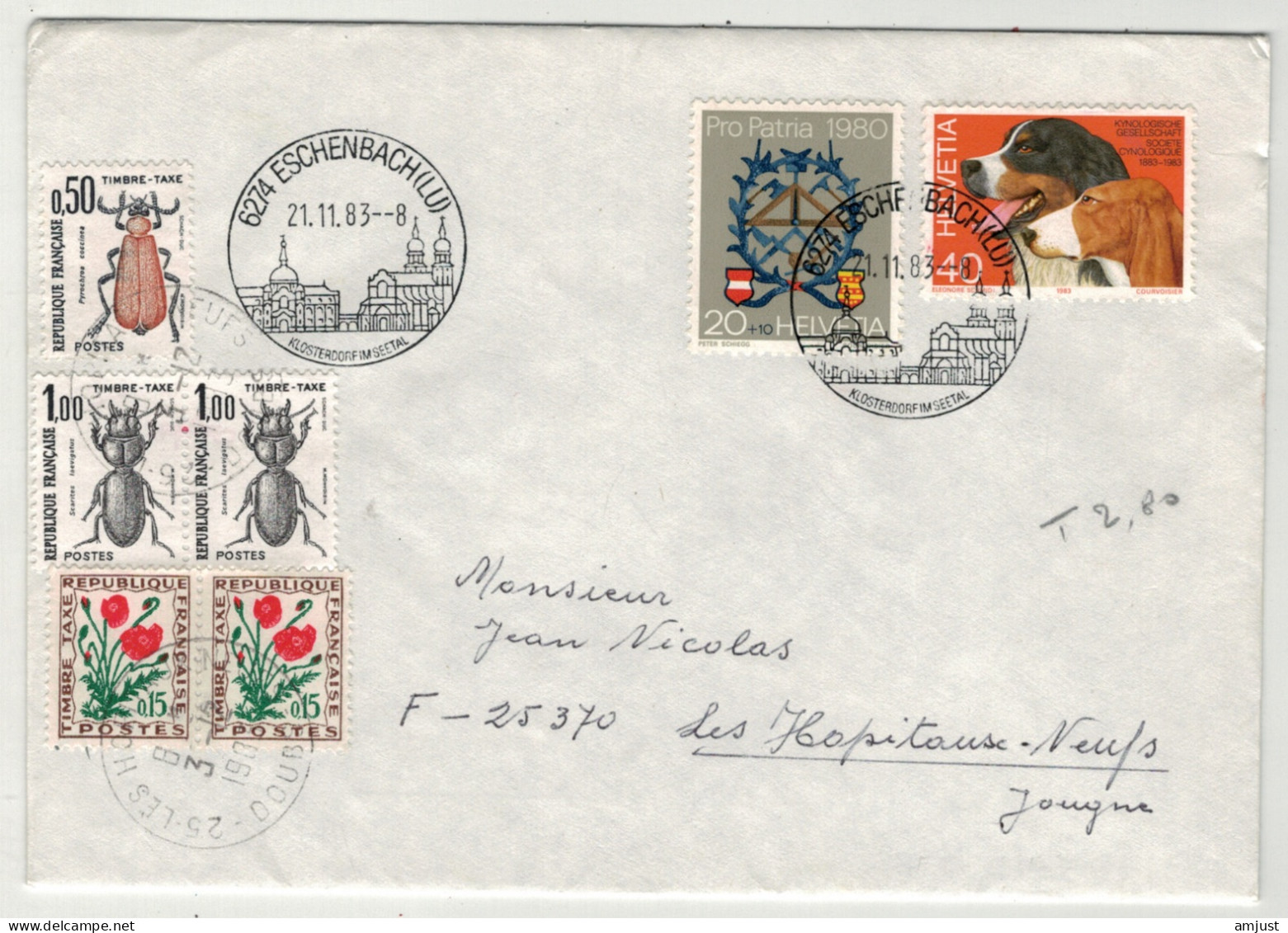 France // Lettre  Taxée Pour Les Hôpitaux-neufs - Jougne Au Départ De La Suisse - 1960-.... Covers & Documents