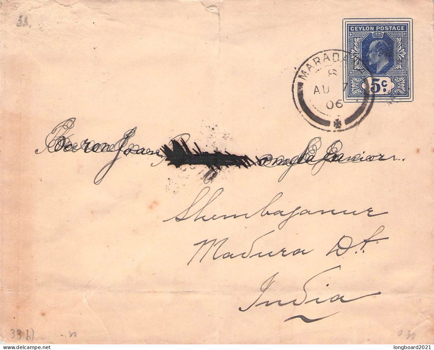 CEYLON - ENVELOPE 5c 1906 - INDIA / 5258 - Ceylon (...-1947)