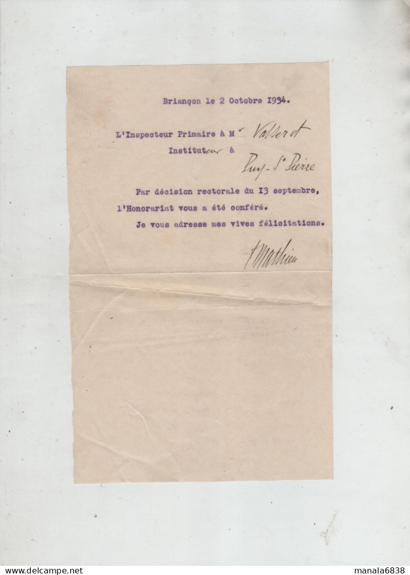 Briançon 1934 Vasserot Puy Saint Pierre Honorariat Mathieu - Diploma's En Schoolrapporten