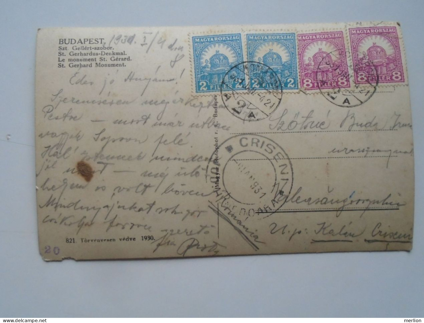 D200960  Hungary Budapest 1931 - Sent To CRISENI Valeasangeorgului  Calan - Hunedoara Romania-Szőts Buda Irma - Ungarn