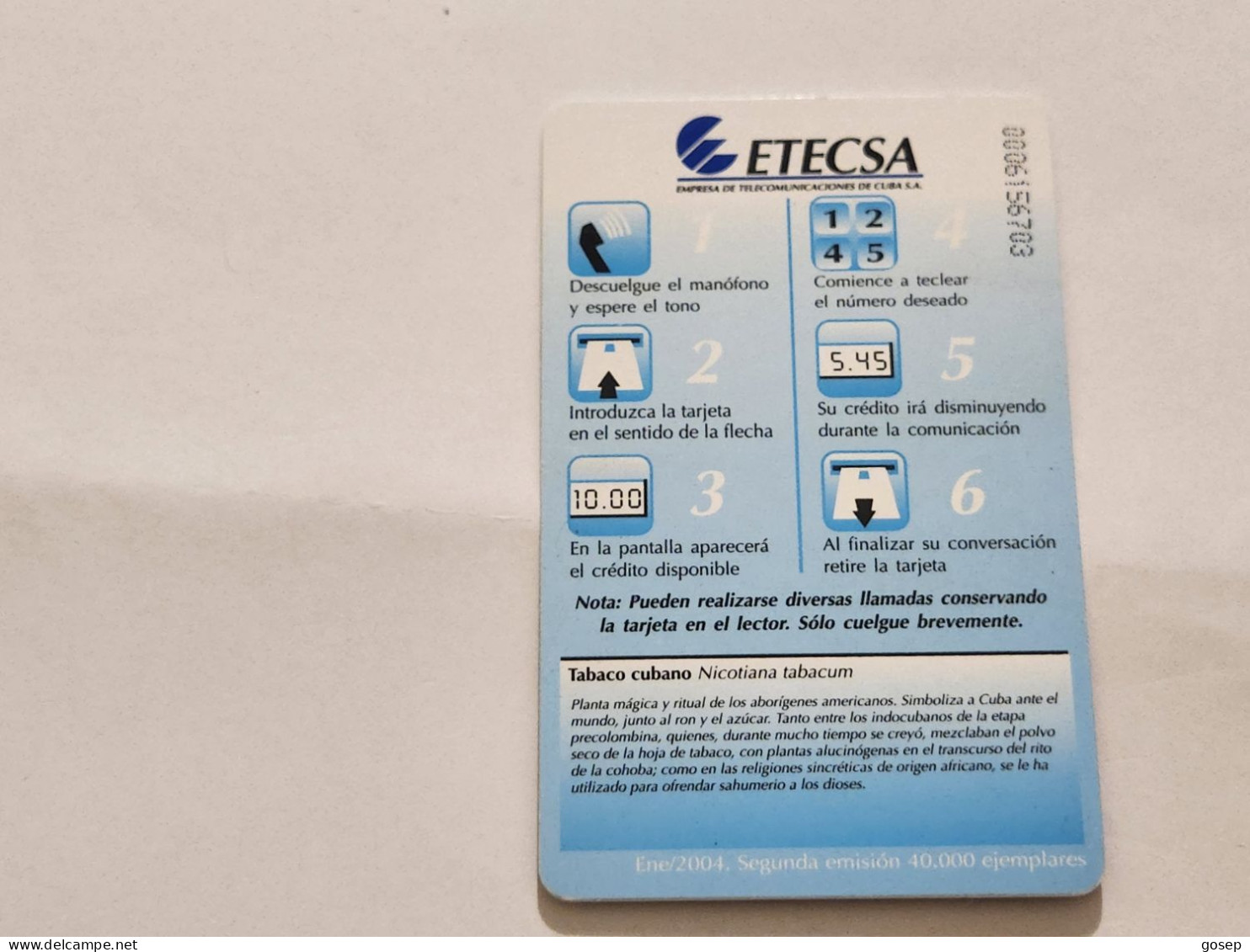 CUBA-(CU-ETE-0162B)-Tabaco Cubano-(32)-($5.00)-(0006156703)-used Card+1card Prepiad Free - Cuba