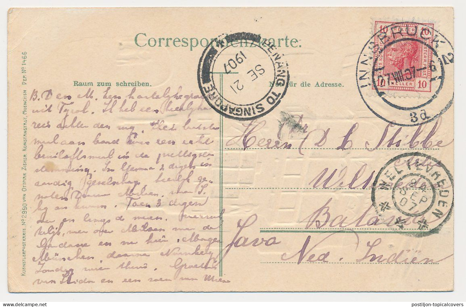 Postcard Austria - PENANG TO SINGAPORE - Batavia Netherlands Indies  1907 - Singapur (...-1959)