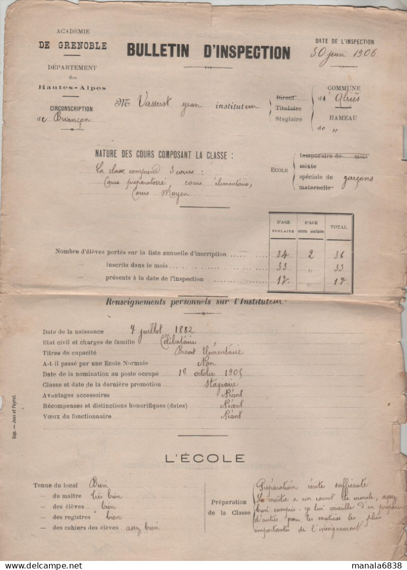 Bulletin Inspection Vasserot Abriès 1906 - Diploma & School Reports