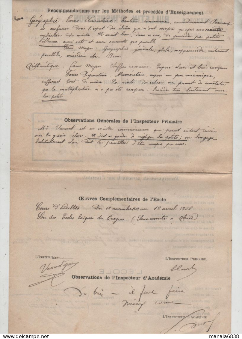 Bulletin Inspection Vasserot Abriès 1907 - Diploma & School Reports