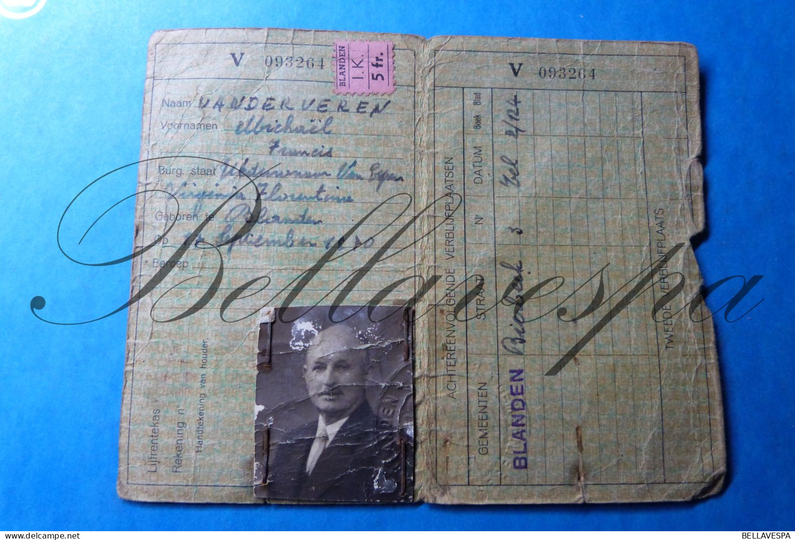 Paspoort VANDERVEREN Michaël Echt VAN ESPEN V. BLANDEN Bij Leuven Bierbeekstraat 1870 Uitgereikt 1952 - Historische Dokumente
