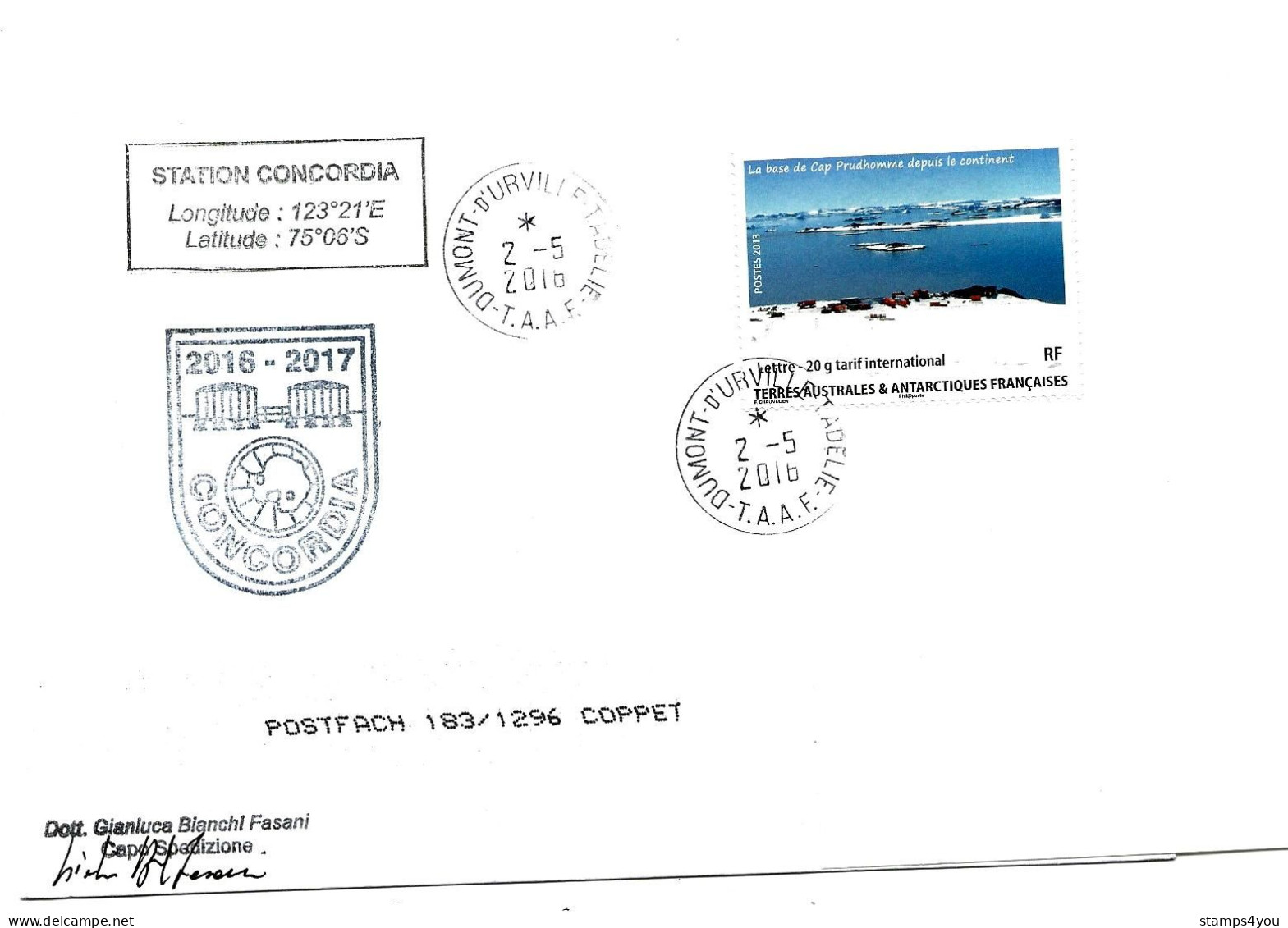 PO - 149 - Enveloppe TAAF Base Franco-italienne Concordia - Cachet Illustré - Timbre Carnet De Voyage 2016 - Bases Antarctiques