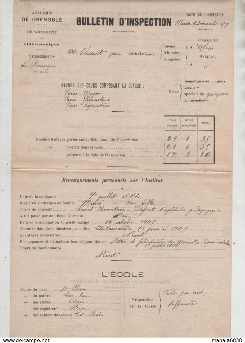 Bulletin Inspection Vasserot Abriès 1909 - Diplômes & Bulletins Scolaires