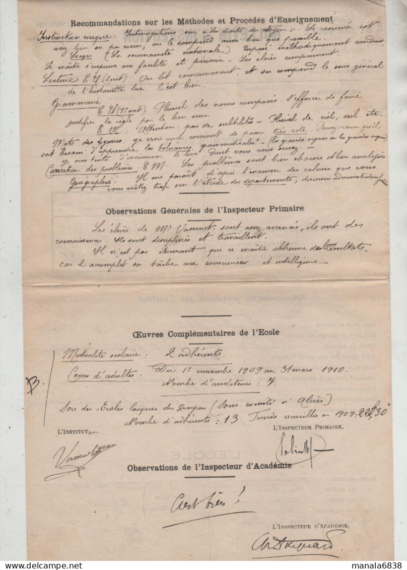 Bulletin Inspection Vasserot Abriès 1909 - Diplome Und Schulzeugnisse
