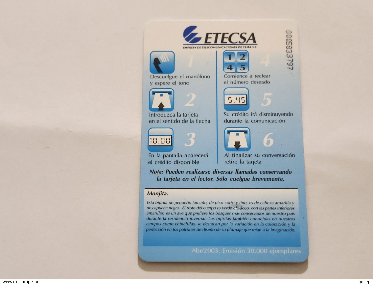 CUBA-(CU-ETE-0171)-Monjita-(Wilsonia Citrina)-(34)-($10)-(0005833797)-used Card+1card Prepiad Free - Cuba