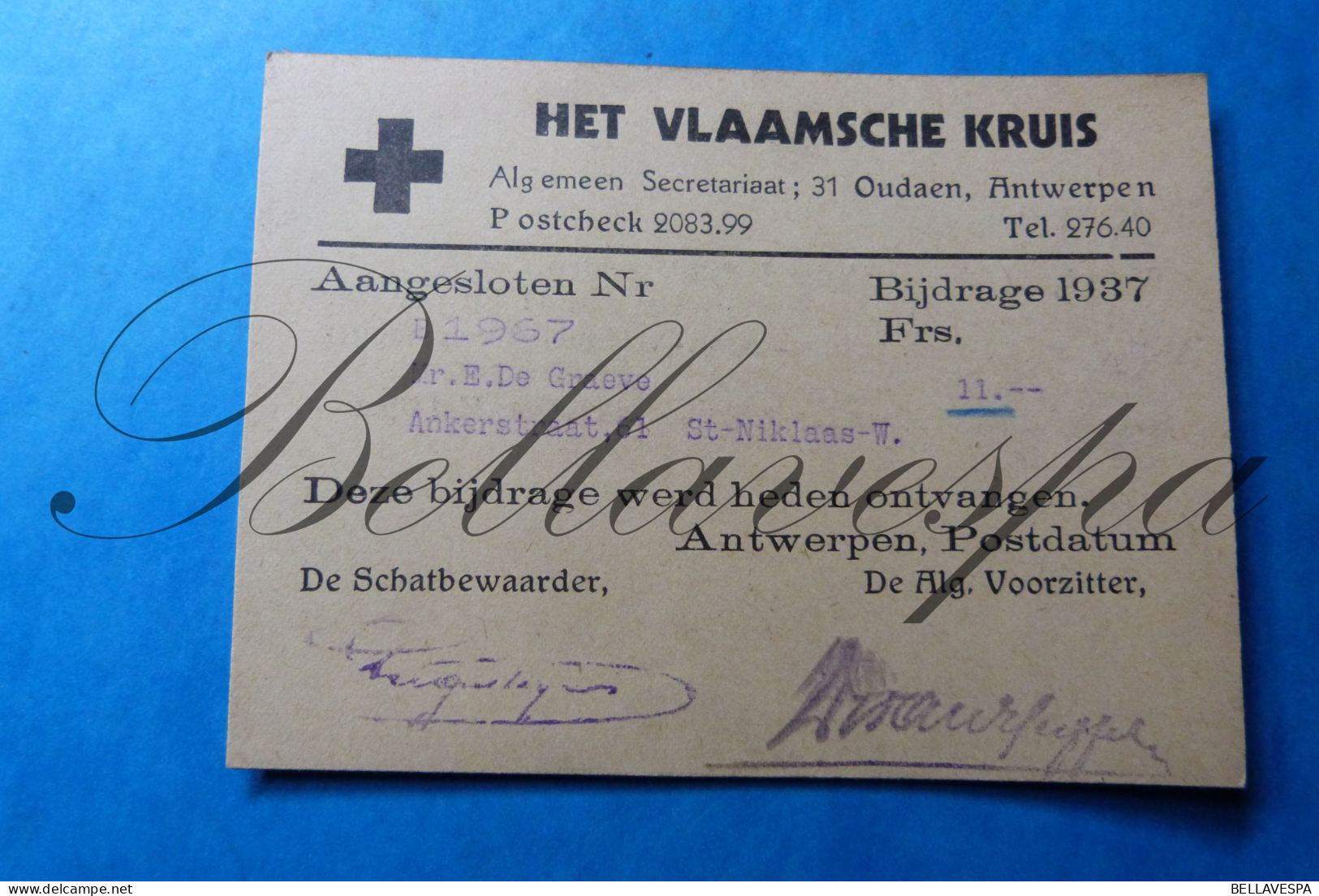 Het Vlaamse Kruis Oudaen Antwerpen Bijdrage 1937 "E.DE GREAVE"  Ankerstr. St Niklaas - Documents Historiques
